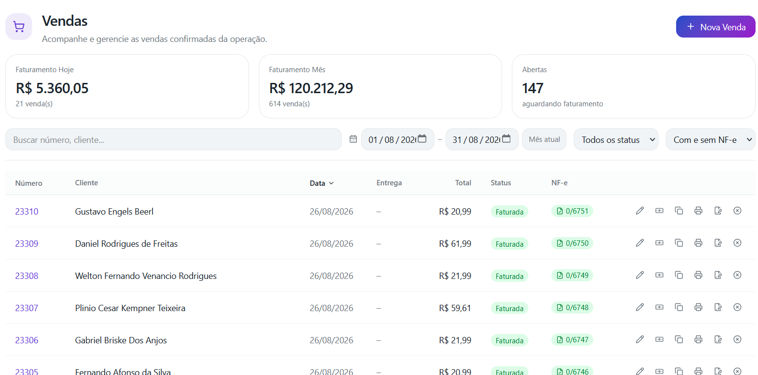 Tela de pedido de venda e faturamento do sistema